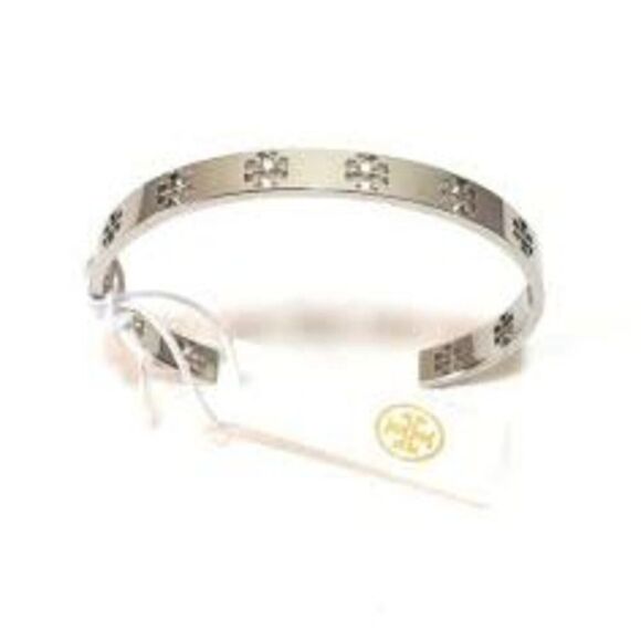 New Tory Burch Silver Logo Cut-Out Cuff Bracelet - Picture 4 of 6